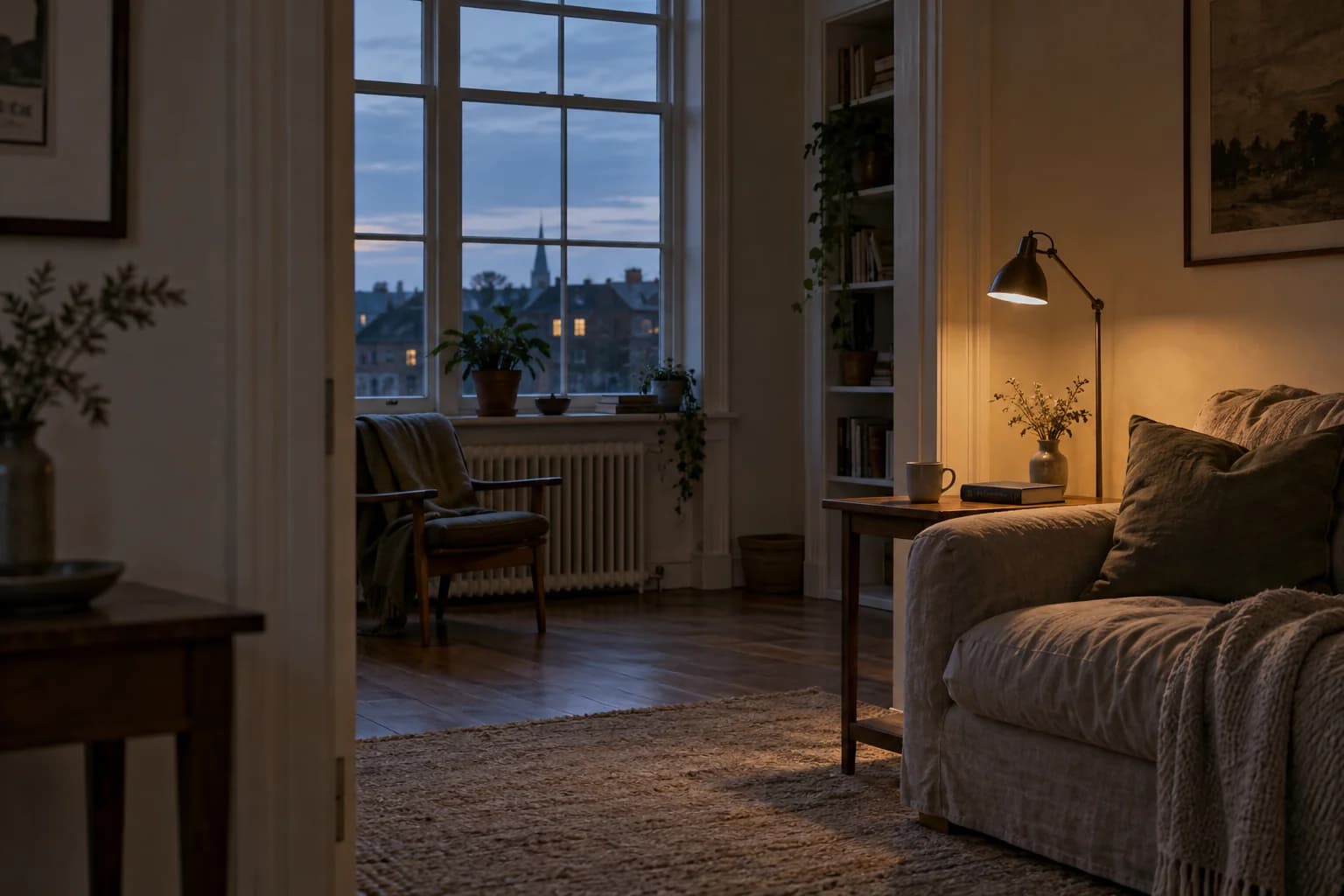A lamp lights the corner of an empty living room as the last blue light of the day falls through a window.