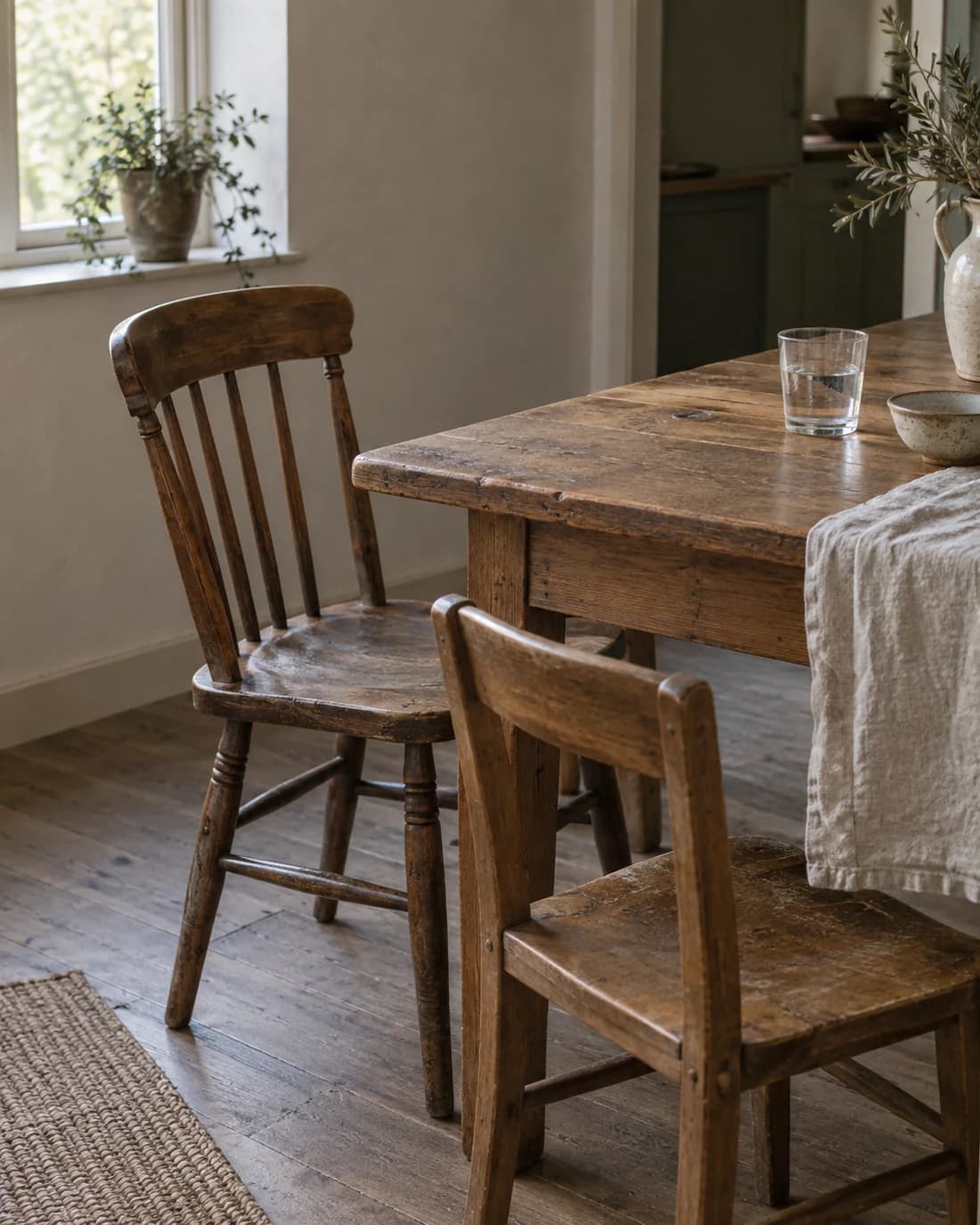 Two wooden chairs of different sizes pulled up to a family table in afternoon light.
