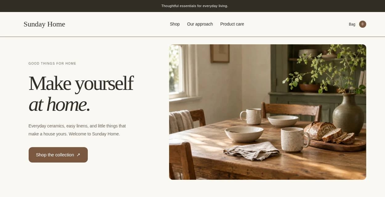 Sunday Home, DRD's sample store, with a ceramics and linen collection photographed on a breakfast table.